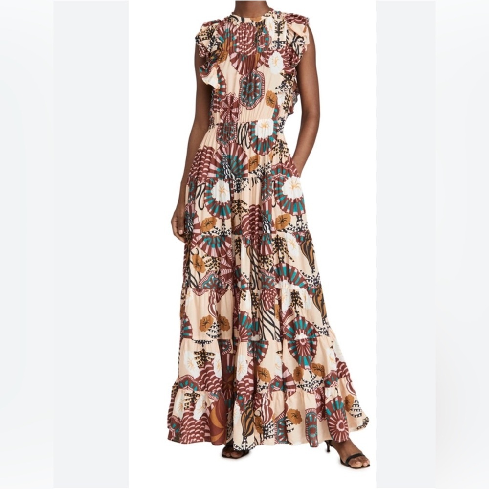 SCOTCH & SODA SUN RAY Guest/Party Hi Ruffle Neck Open Back Seascape Tier Maxi S